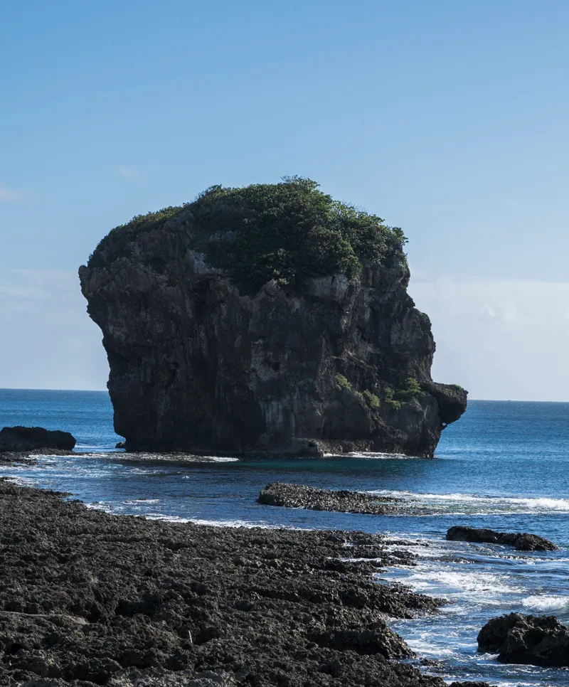 Chuanfan Rock, a high coral outcrop covered in green vegetation, standing in clear blue water off the Kenting coast